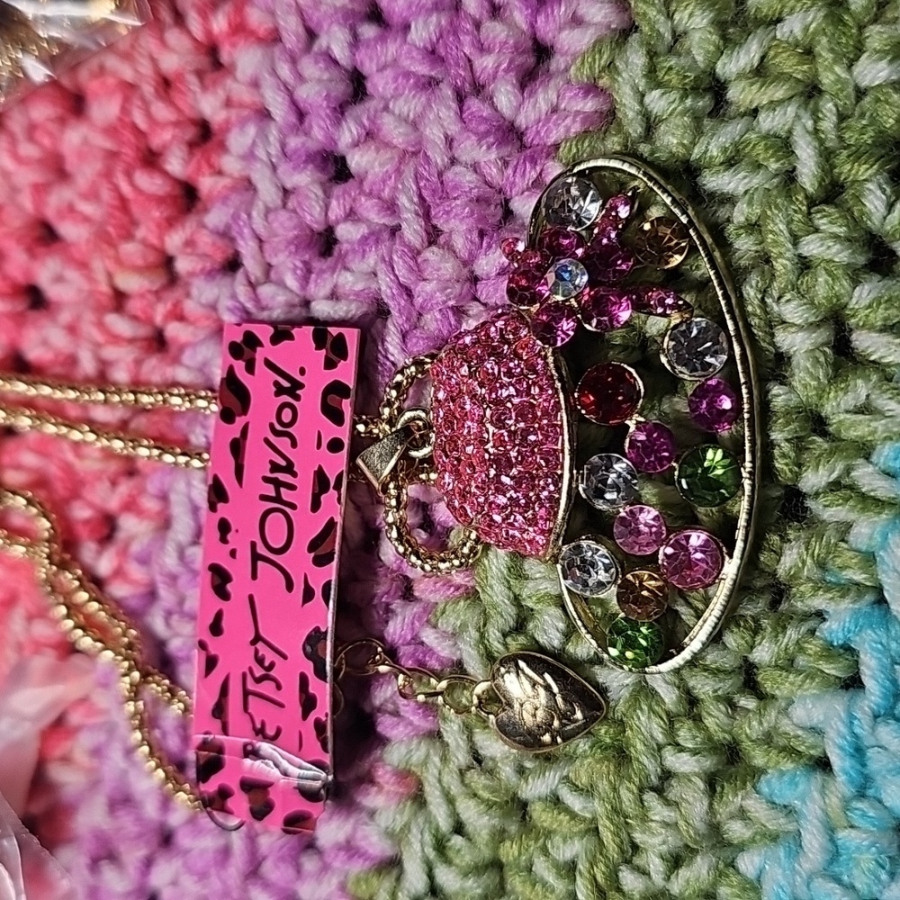 Betsey Johnson Pink and Green Crystal Hat Necklace